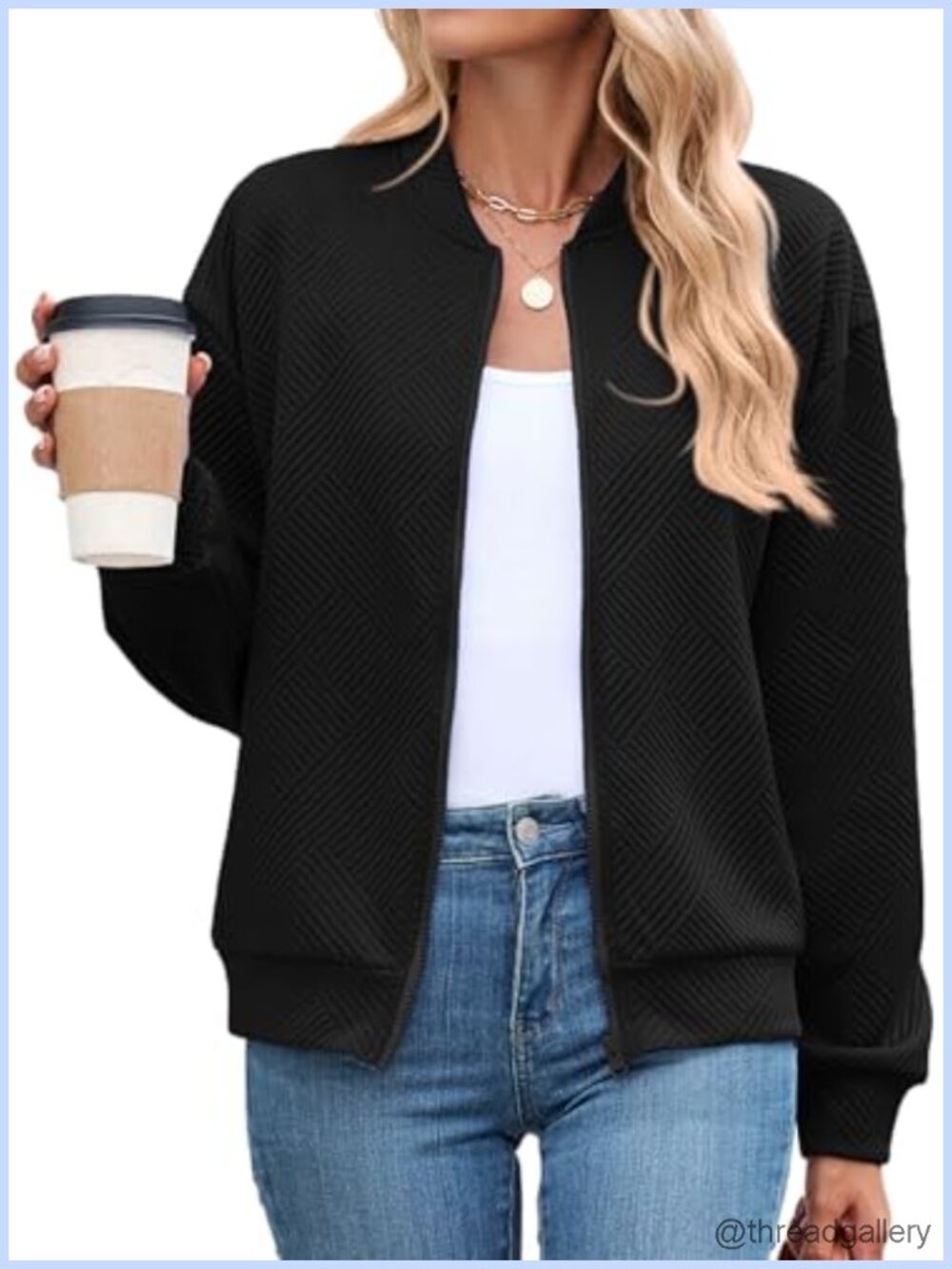 Women Bomber Jacket Textured Lightweight Casual Outerwear Zip Front
